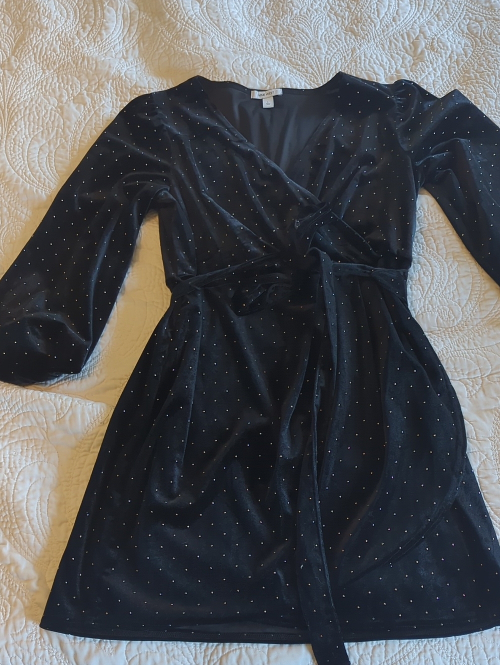 Nine West Black Velvet Wrap Dress with Rhinestone Dots
